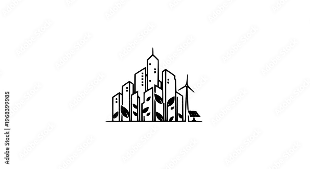 Naklejka premium Urban Nature Logo Vector Template with City Skyline and Leaves for Green Construction