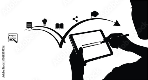 person using tablet with digital design elements floating above