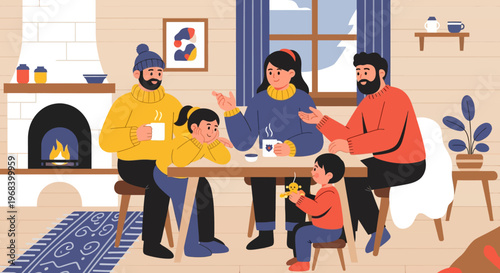 Family gathered around table in living room chatting