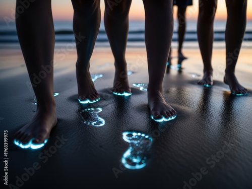 Bioluminescent footprints glow with a brilliant neon blue light as people walk across a wet sandy beach at twilight.