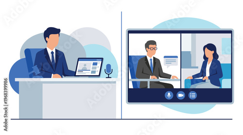 A professional businessman in a sharp blue suit conducts a formal online video conference meeting from his modern office desk with a laptop and microphone.