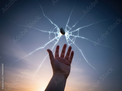 A surreal image of a hand reaching toward a stone that appears to be shattering the sky, creating glowing cracks against a sunset backdrop.