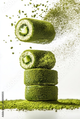 matcha roll cake flying with green tea powder dust, isolated on white background