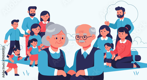 A multi-generational family portrait, illustrating grandparents surrounded by their happy children and grandchildren, symbolizing unity and lasting legacy