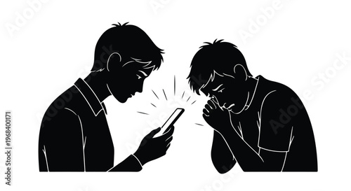 Black silhouette illustration of man showing smartphone to upset friend