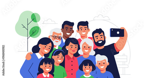 Happy Multi-Generational Family Group Taking a Selfie Illustration