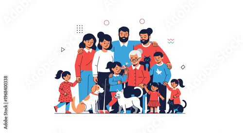 Happy Multi-Generational Family with Pets Standing Together