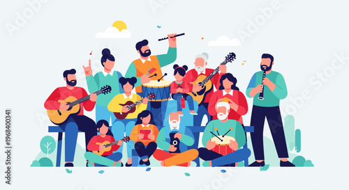 Joyful Community Music Group Playing Various Instruments - Artistic Flat Illustration