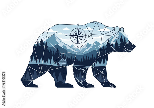 Geometric Bear Silhouette with Mountain Forest Landscape, Compass, and Cabin Double Exposure Illustration for Wilderness Adventure Theme