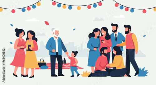 Diverse Friends and Family Enjoying an Outdoor Community Gathering with Festive Decorations