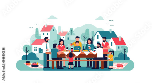 Joyful family and friends enjoying an outdoor picnic, barbecue, or community meal in a vibrant park setting, celebrating togetherness and leisure