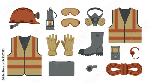 A complete set of essential personal protective equipment for industrial work, including a hard hat, safety vest, and respirator, is shown on a white background.
