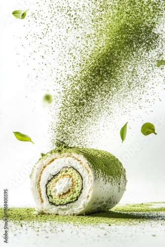 matcha roll cake flying with green tea powder dust, isolated on white background