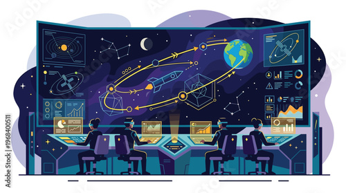 Four mission control specialists wearing VR headsets meticulously track a rocket's orbital path around Earth on a vast digital screen inside a futuristic command center.