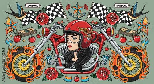Vintage Tattoo Style Illustration of Biker Girl with Motorcycle, Roses, and Racing Flags