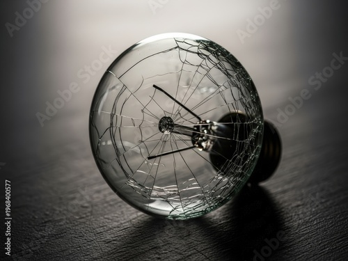 A cracked and shattered glass light bulb rests on a dark, textured surface, illuminated by dramatic high-contrast lighting.