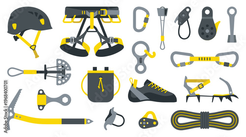 A comprehensive set of professional rock climbing and mountaineering gear, including a helmet, harness, and ice axe, is neatly arranged with vibrant yellow accents.