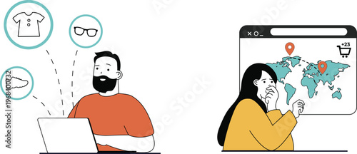 A person browsing online shopping options while another explores global delivery locations on a device screen