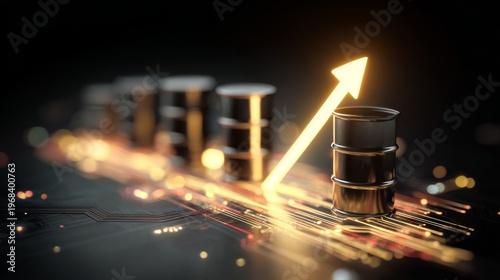 Barrels of change: visualizing the surging energy market trends. Data intelligence. Golden glow and shifting arrows signal rising oil market. Digital transformation. Ai evolution.