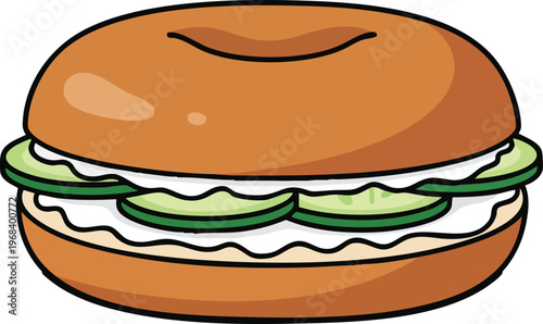 Delicious Bagel Sandwich with Cream Cheese and Cucumber Slices.