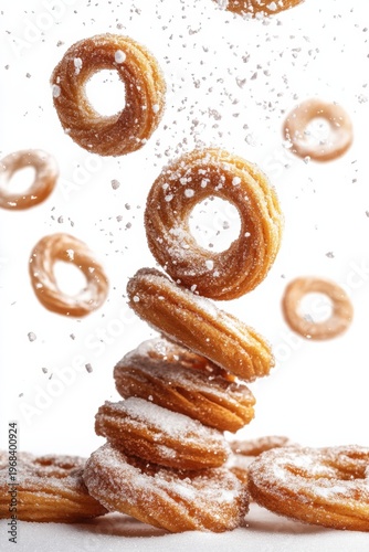 palmiers flying with sugar flakes, isolated on white background