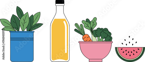 Healthy lifestyle vector illustration with houseplant juice bottle fresh vegetables and watermelon slice minimal nutrition concept design