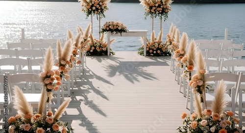 Romantic Outdoor Wedding Ceremony Setup by the Water with Floral Decorations