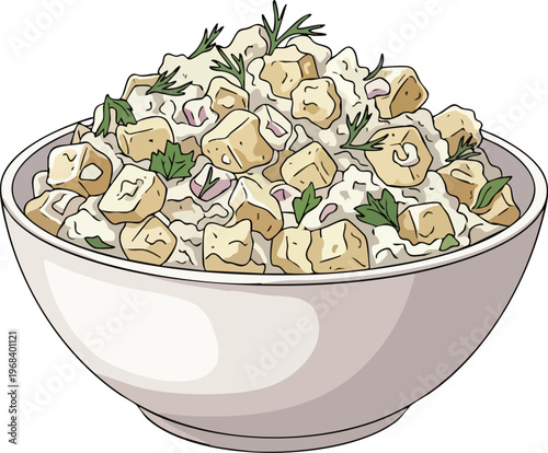 Delicious Potato Salad in a White Bowl with Herbs.
