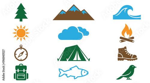 A simple set of twelve colorful flat icons representing outdoor activities and nature, including a tent, campfire, and mountains, arranged in a clean grid layout.