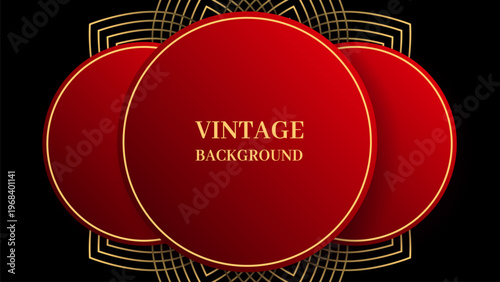 Black abstract background with three gold and red rounds and mandala pattern. Shiny poster	