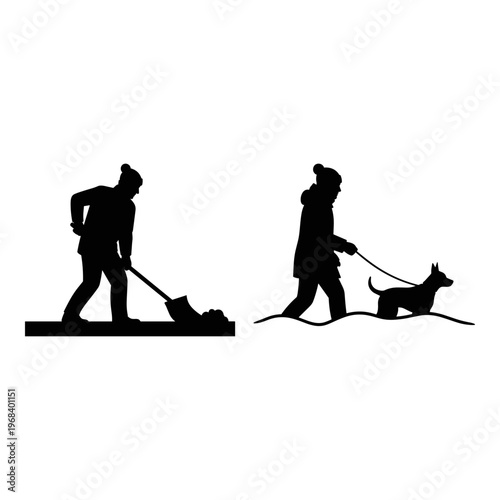 Contrasting daily routines of a gardener and a dog walker in silhouette style. Vector, illustration