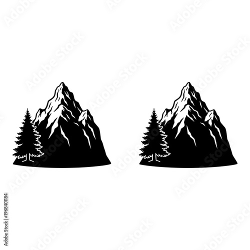 Two majestic mountains with evergreen trees at their base standing side by side in silhouette Vector, illustration