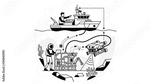 A detailed line art illustration shows the process of ocean exploration with a surface vessel communicating with a diver and a remotely operated underwater vehicle.