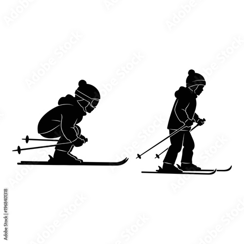Two skiers demonstrating different skiing techniques on snow-covered slopes Vector, illustration