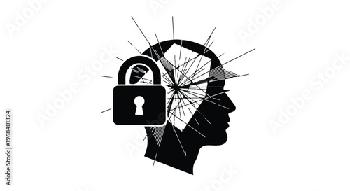 Brain with broken lock and cracked head concept