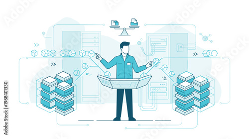 A meticulous data scientist interacts with a futuristic holographic display, managing and comparing digital information blocks within a clean, abstract server room.