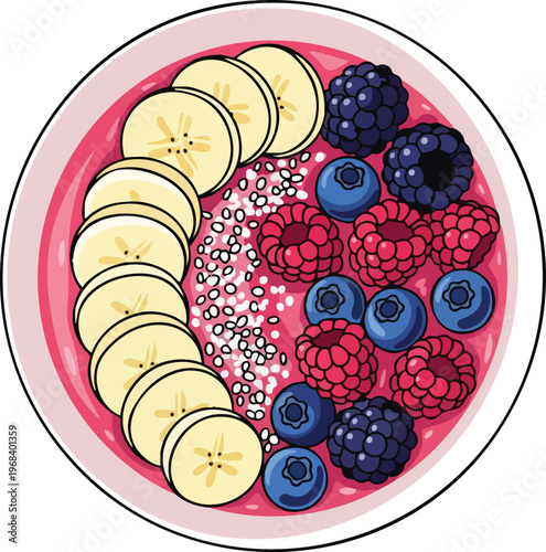 Healthy Berry Banana Smoothie Bowl Topped with Seeds.
