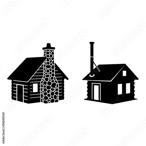 Comparison of traditional log cabins with different chimney styles Vector, illustration