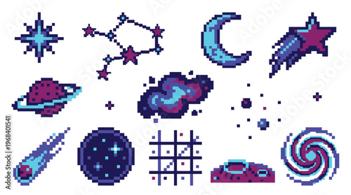 A retro collection of colorful pixel art space icons, including planets, stars, and galaxies, is displayed against a stark white isolated background.