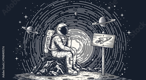 Astronaut Sitting on Moon Contemplating Galaxy in Vintage Woodcut Style Illustration. Space Exploration and Cosmic Dreamer Concept with Rocket Sign and Planets.