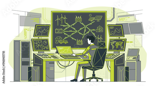 A focused engineer meticulously monitors a complex renewable energy grid on multiple screens within a high-tech, futuristic power plant control room.