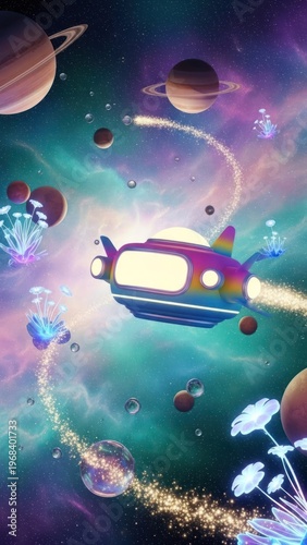 Cosmic spaceship traveling through a vibrant galaxy with planets and fantasy flora