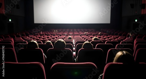 Audience watching movie in dark cinema hall with glowing screen