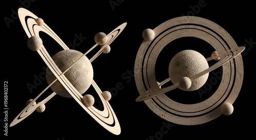 Abstract 3D Planet Model with Rings and Moons on Black Background