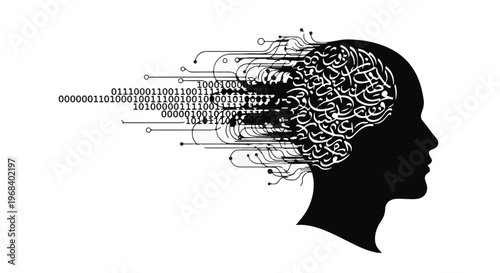 Artificial intelligence concept with human head and circuit board brain