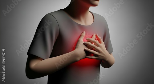 Person holding chest with glowing red pain, symbolizing heart attack, chest pain, or cardiac arrest.