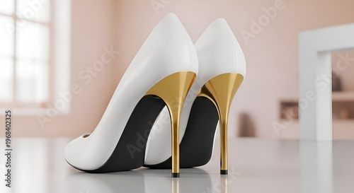 Elegant White High Heels with Gold Stiletto Heels on a Reflective Surface