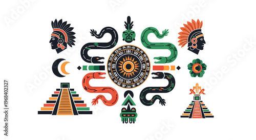 Aztec and Mayan Culture Symbols Set with Pyramid, Sun Calendar, and Feathered Serpent