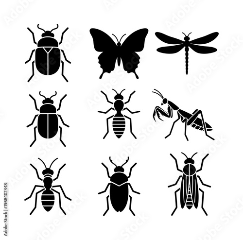 Collection of various insect silhouettes: butterfly, dragonflies, mantis, beetles, and ants on a white background