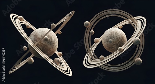 Abstract Cosmic Planets with Rings and Moons, Futuristic Space Art